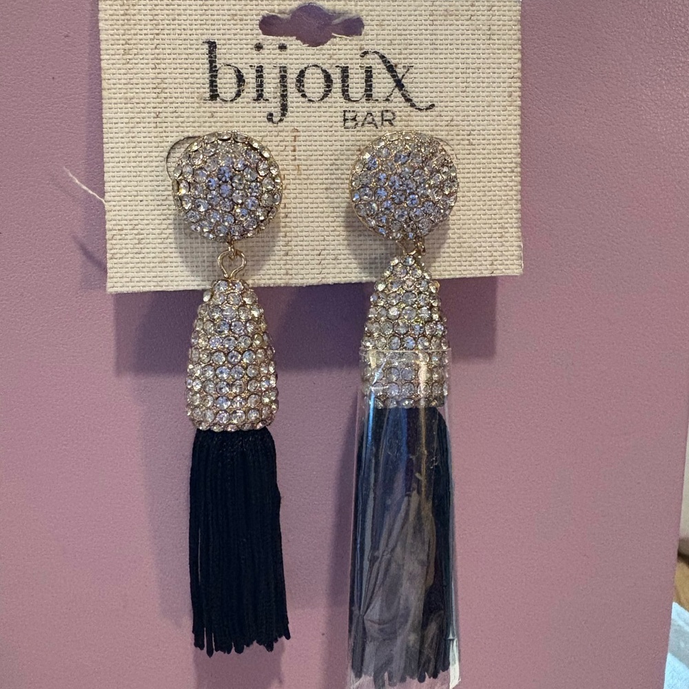NWT gold tone earrings w/Bling!!! And black tassels